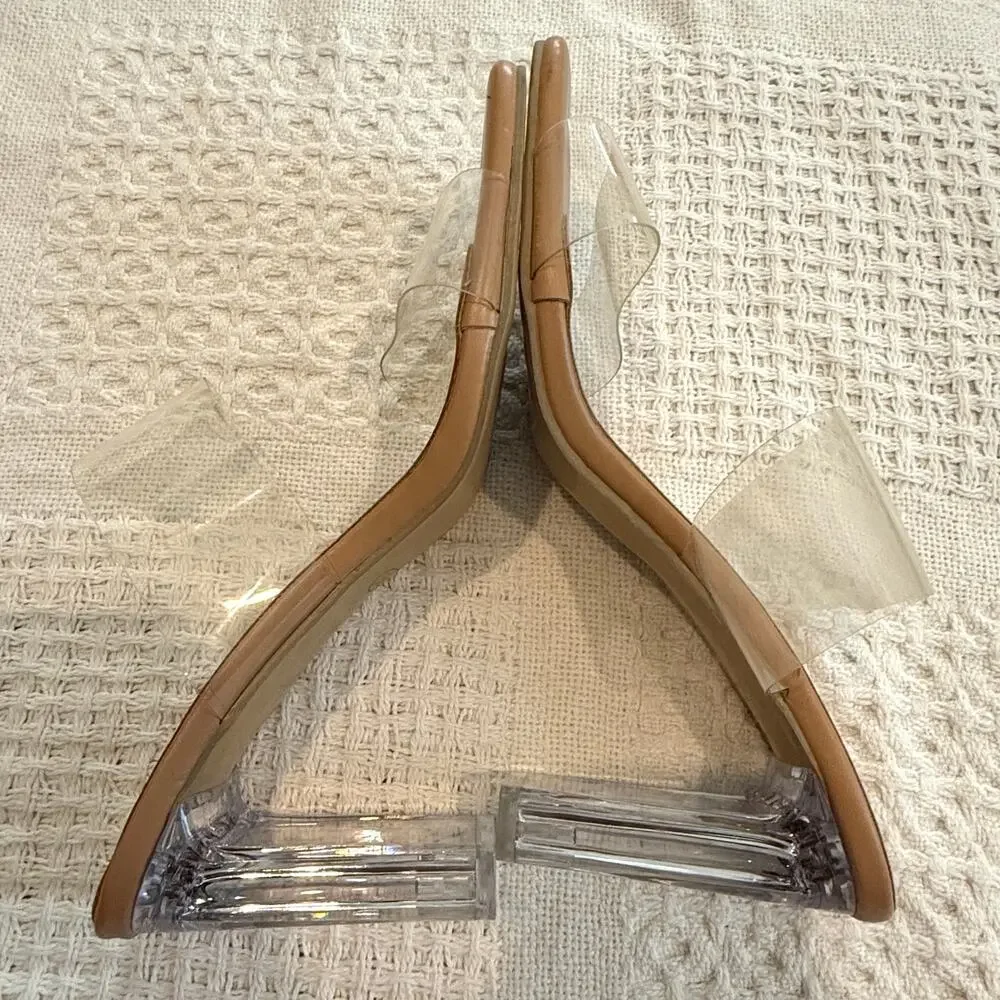 women's 39 rubber clear double strap square toe heels sandal 3089